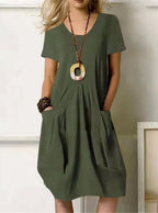 Women's Linen-Style V-Neck Midi Dress with Pockets, Sage Green, view 3
