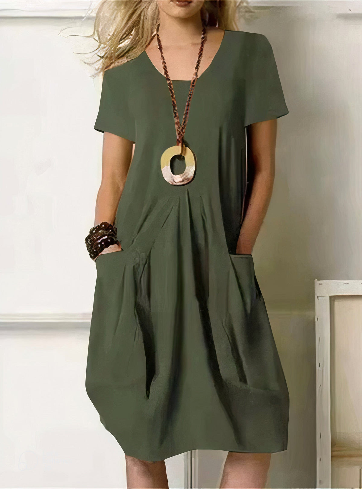Women's Linen-Style V-Neck Midi Dress with Pockets, Sage Green, view 3