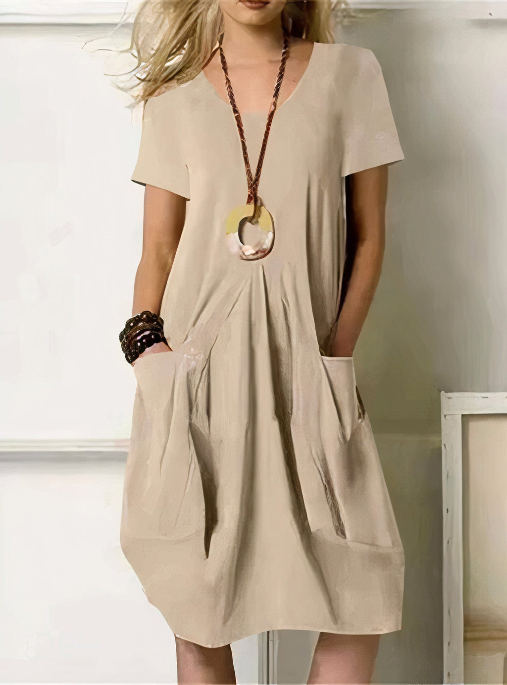 Women's Linen-Style V-Neck Midi Dress with Pockets, Beige, view 4