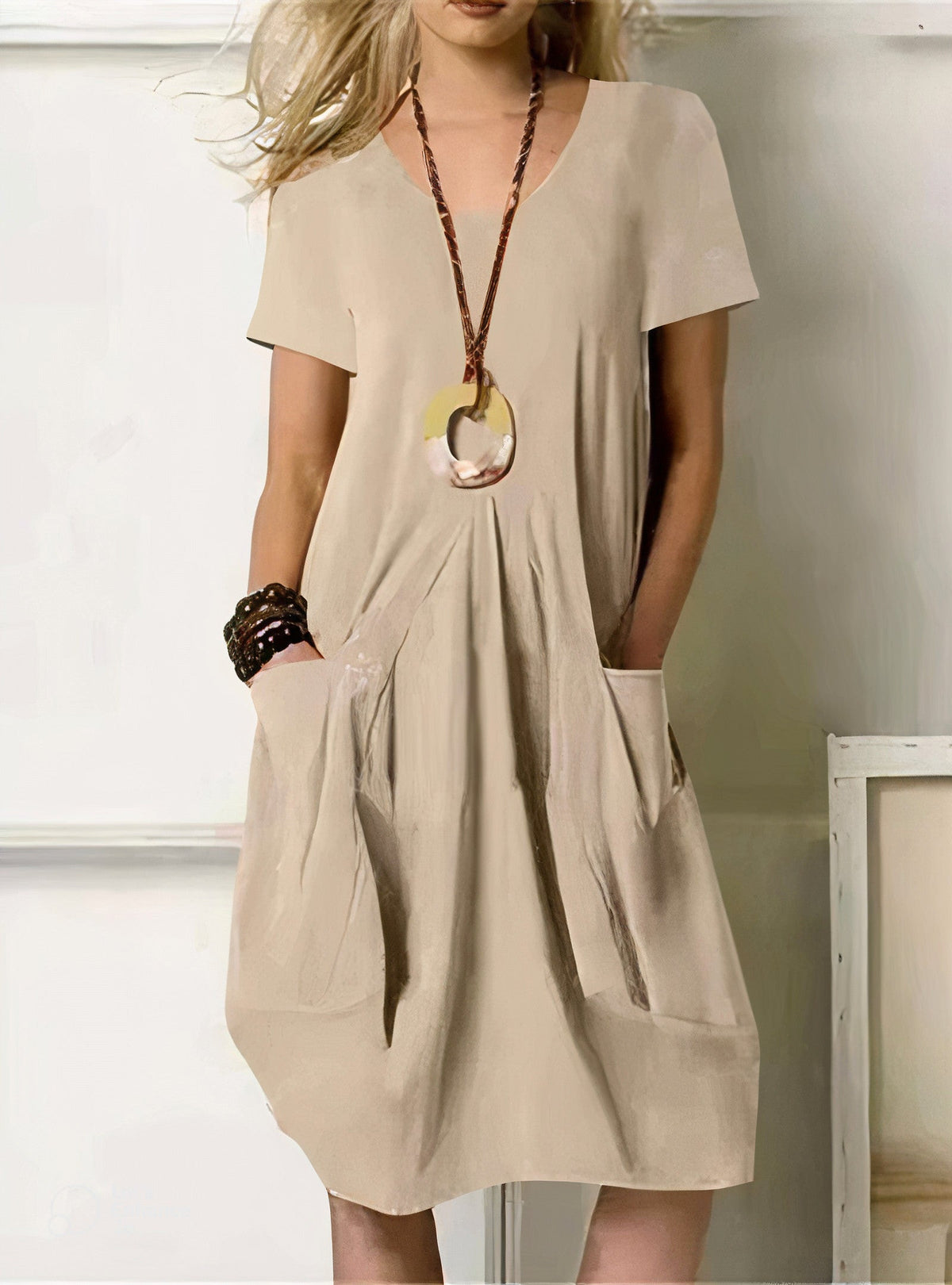 Women's Linen-Style V-Neck Midi Dress with Pockets, Beige, view 4