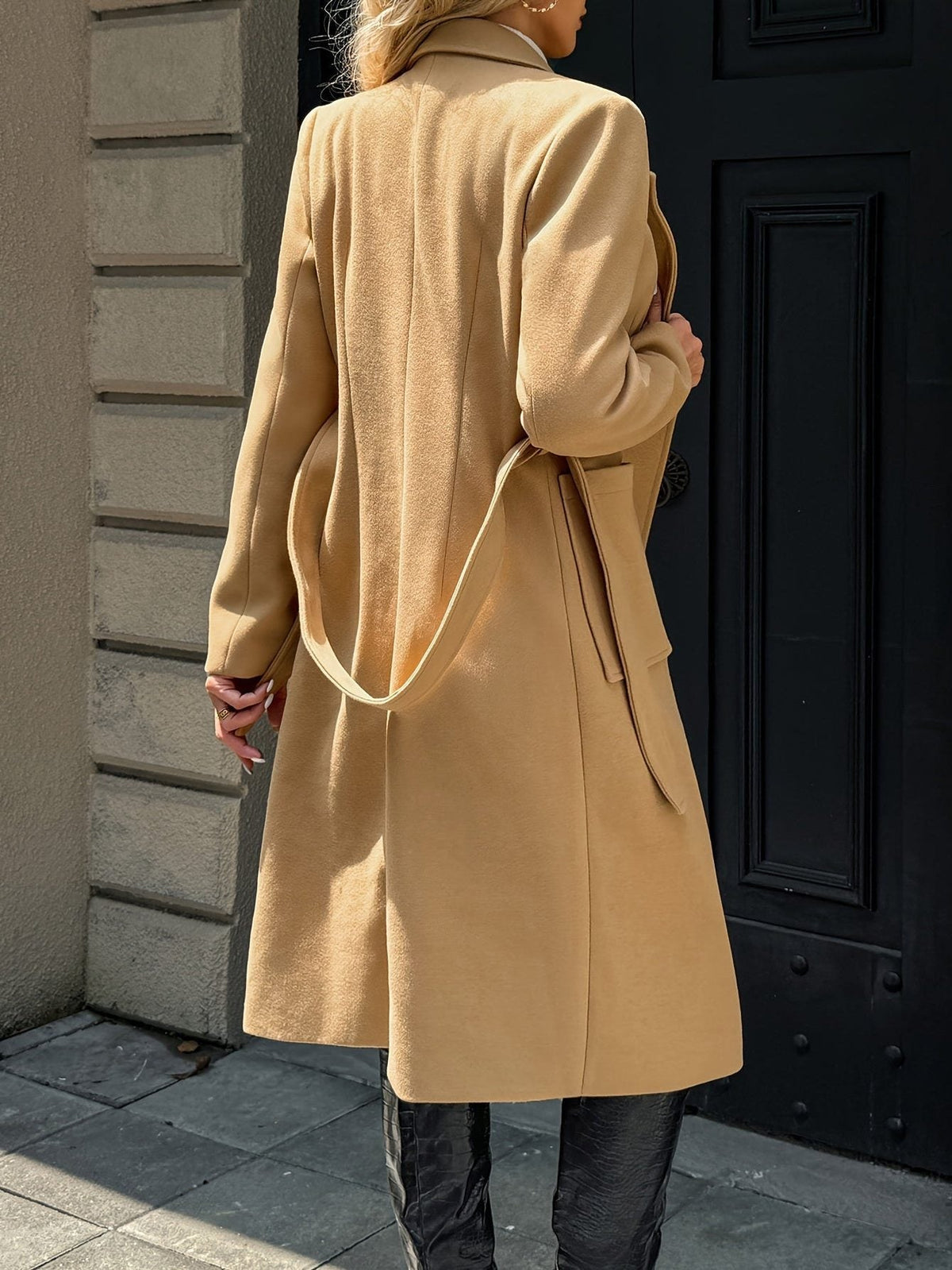 Women's Long Belted Coat with Patch Pockets, view 2