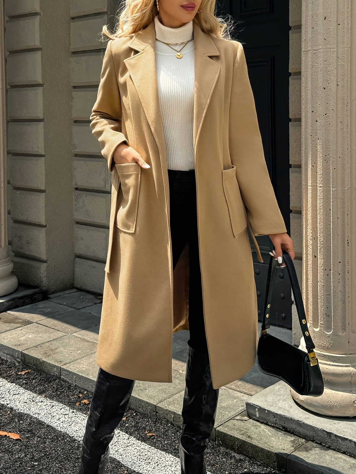 Women's Long Belted Coat with Patch Pockets, view 3