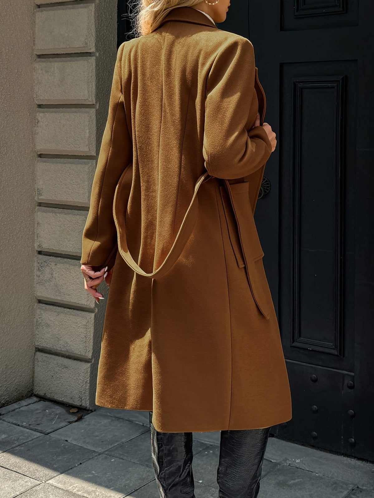 Women's Long Belted Coat with Patch Pockets, view 5