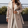 Women's Long Belted Faux-Leather Coat with Sherpa Lining, Beige, view 1