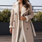 Women's Long Belted Faux-Leather Coat with Sherpa Lining, Beige, view 1