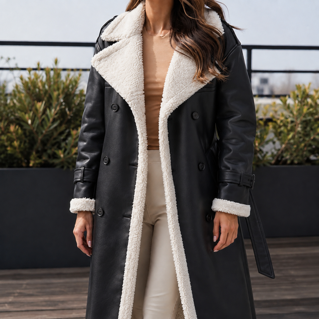 Women's Long Belted Faux-Leather Coat with Sherpa Lining, Black, view 2