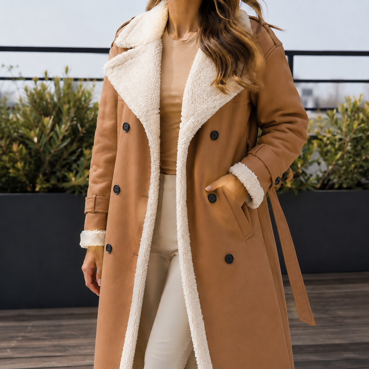 Women's Long Belted Faux-Leather Coat with Sherpa Lining, Bronze, view 3