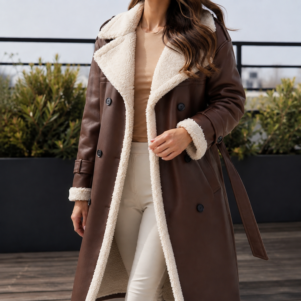Women's Long Belted Faux-Leather Coat with Sherpa Lining, Brown, view 4