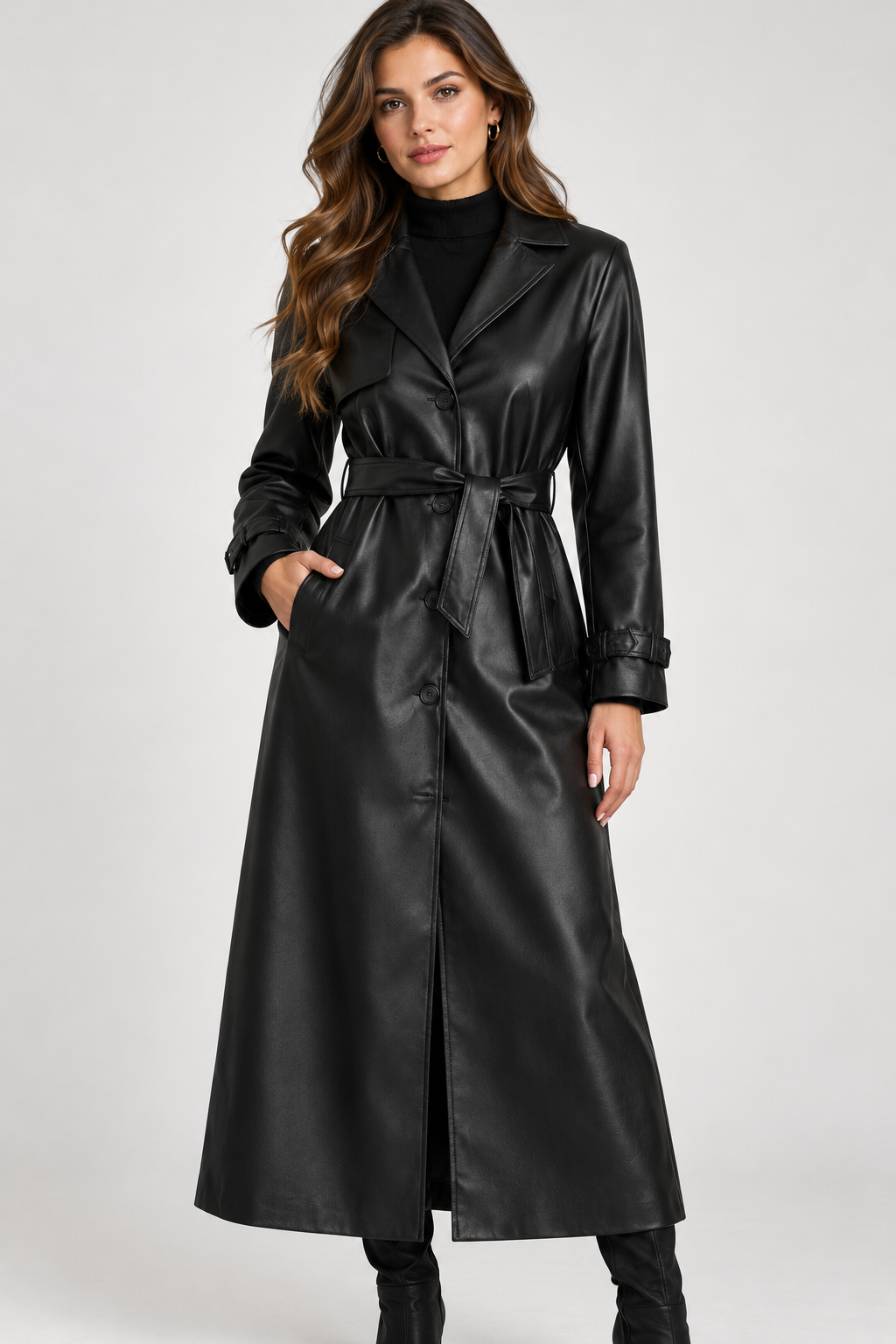 Women's Long Belted Faux-Leather Trench Coat with Buttoned Cuffs, Black, view 1