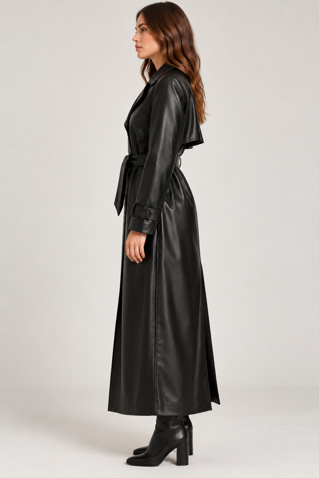 Women's Long Belted Faux-Leather Trench Coat with Buttoned Cuffs, view 2