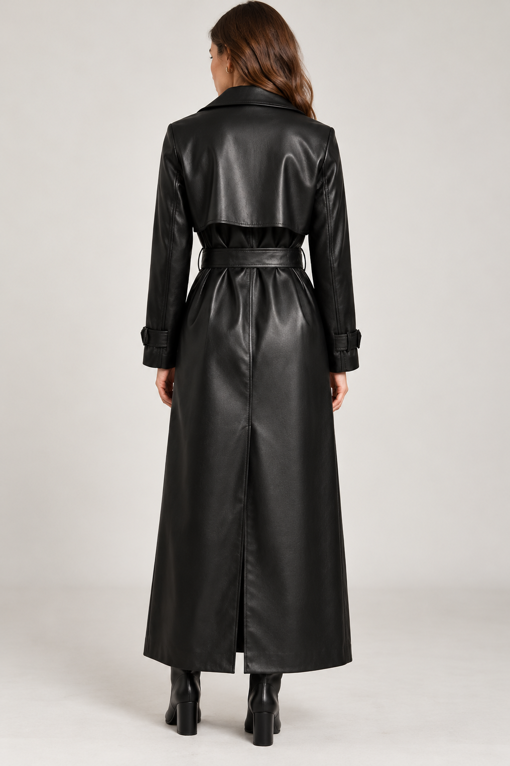 Women's Long Belted Faux-Leather Trench Coat with Buttoned Cuffs, view 3