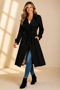 Women's Long Belted Trench Coat with Check Lining, Black, view 1
