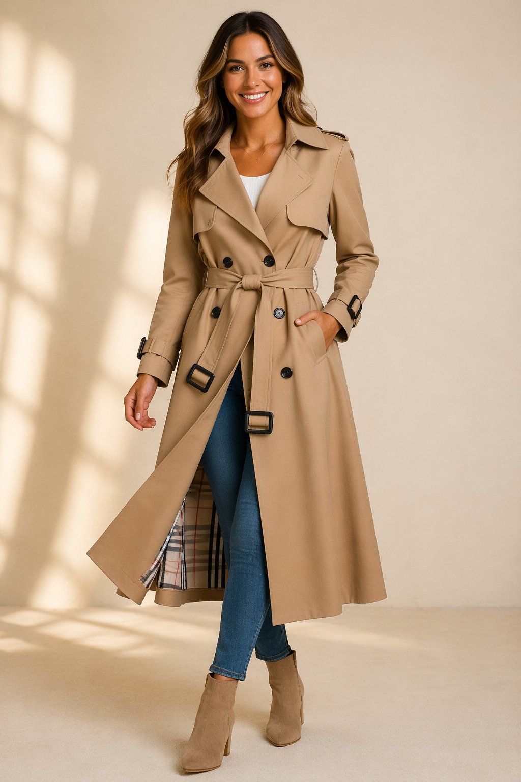 Women's Long Belted Trench Coat with Check Lining, Beige, view 2