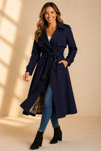 Women's Long Belted Trench Coat with Check Lining, Navy, view 3