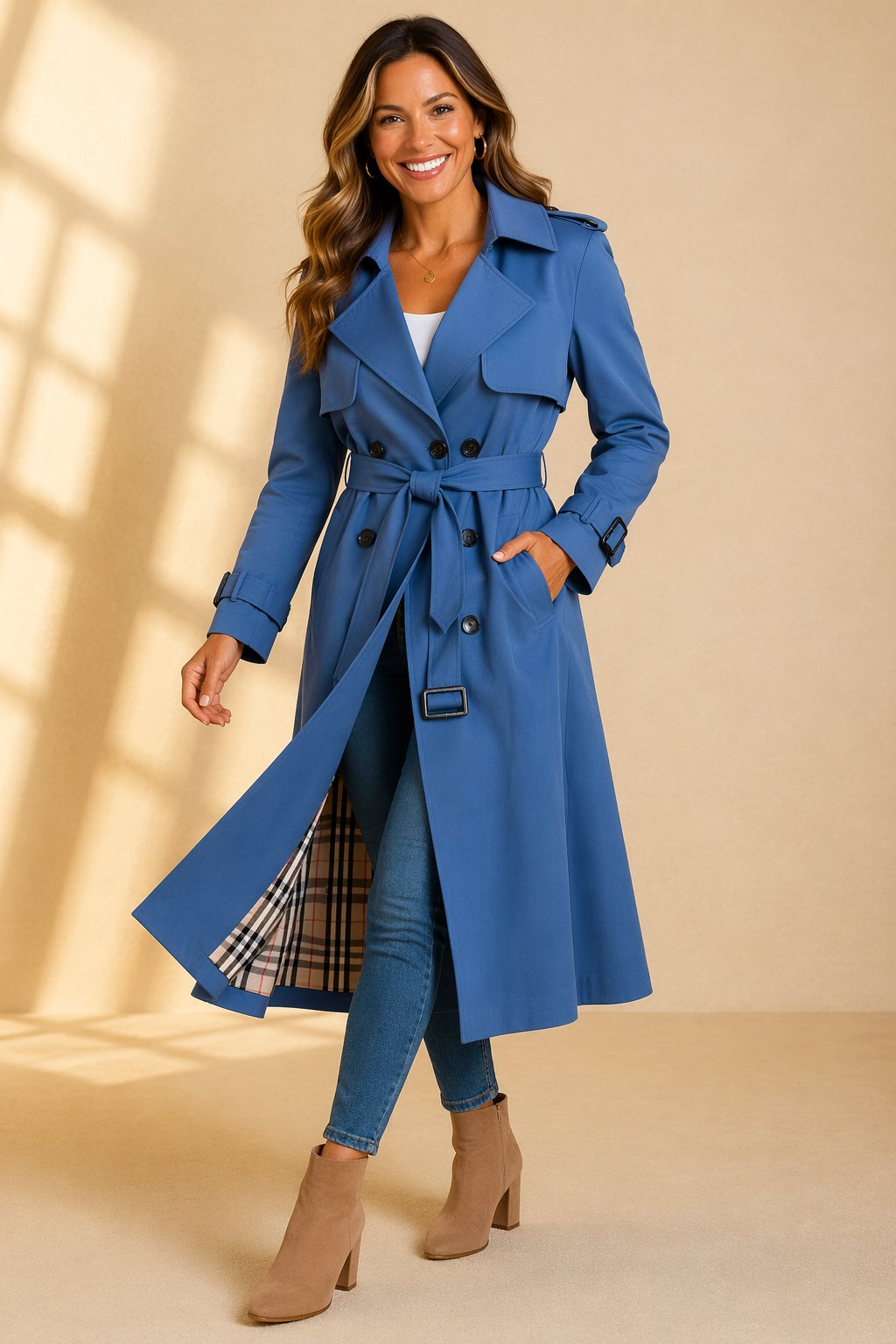 Women's Long Belted Trench Coat with Check Lining, Blue, view 4