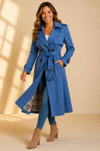 Women's Long Belted Trench Coat with Check Lining, Blue, view 4