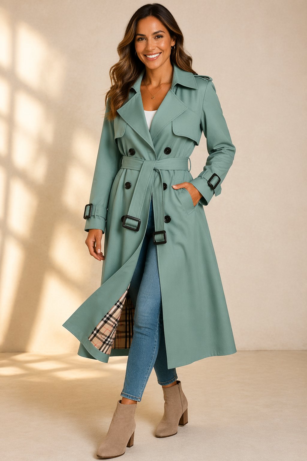 Women's Long Belted Trench Coat with Check Lining, Green, view 5