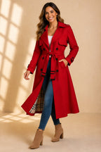Women's Long Belted Trench Coat with Check Lining, Red, view 6