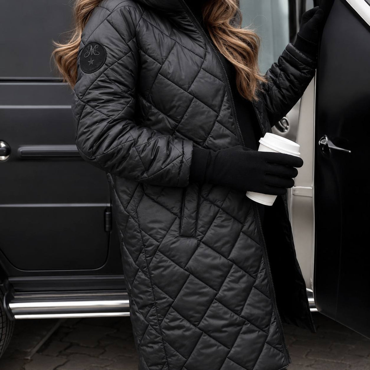 Women's Long Hooded Puffer Coat with Diamond Quilting, Black, view 2