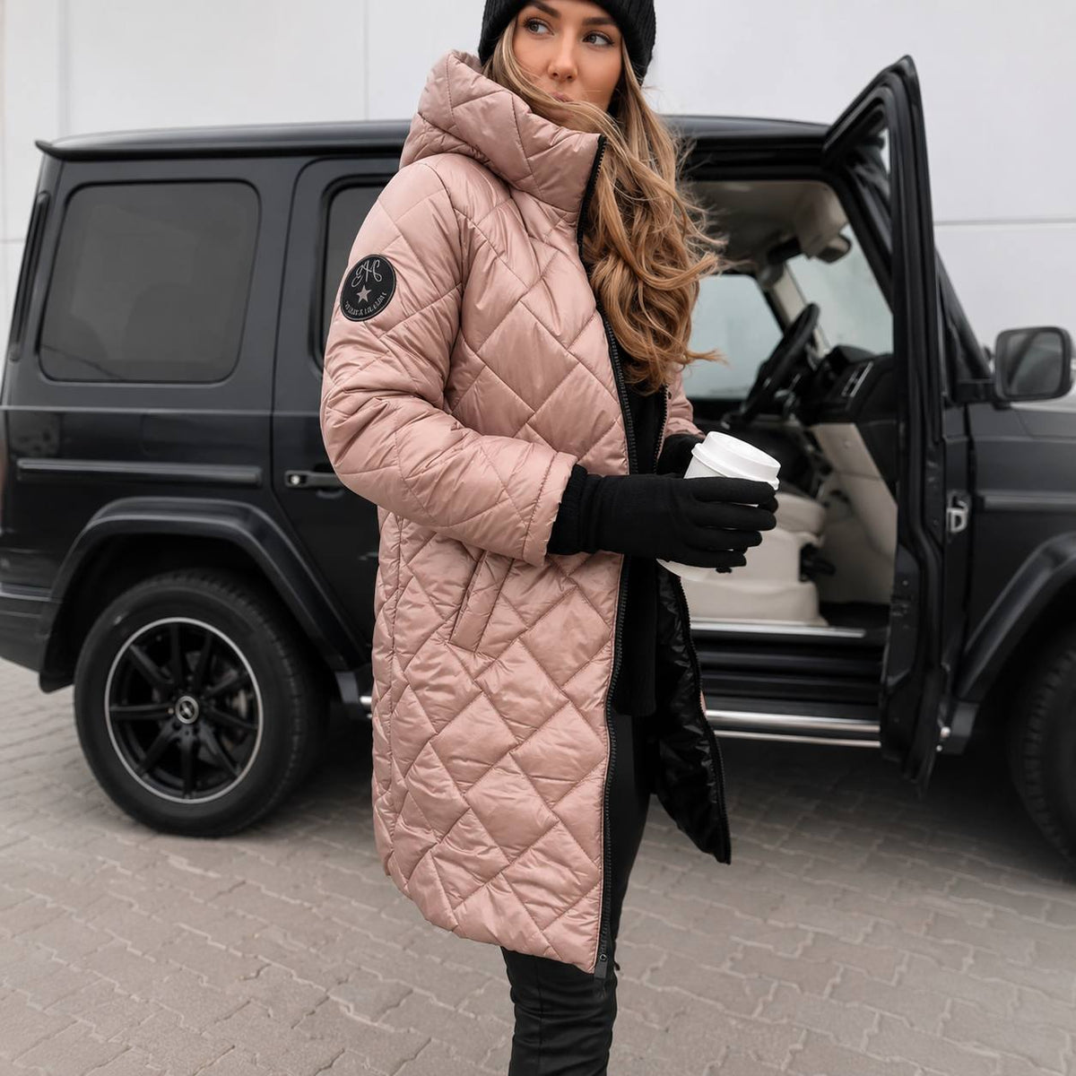 Women's Long Hooded Puffer Coat with Diamond Quilting, Pink, view 3