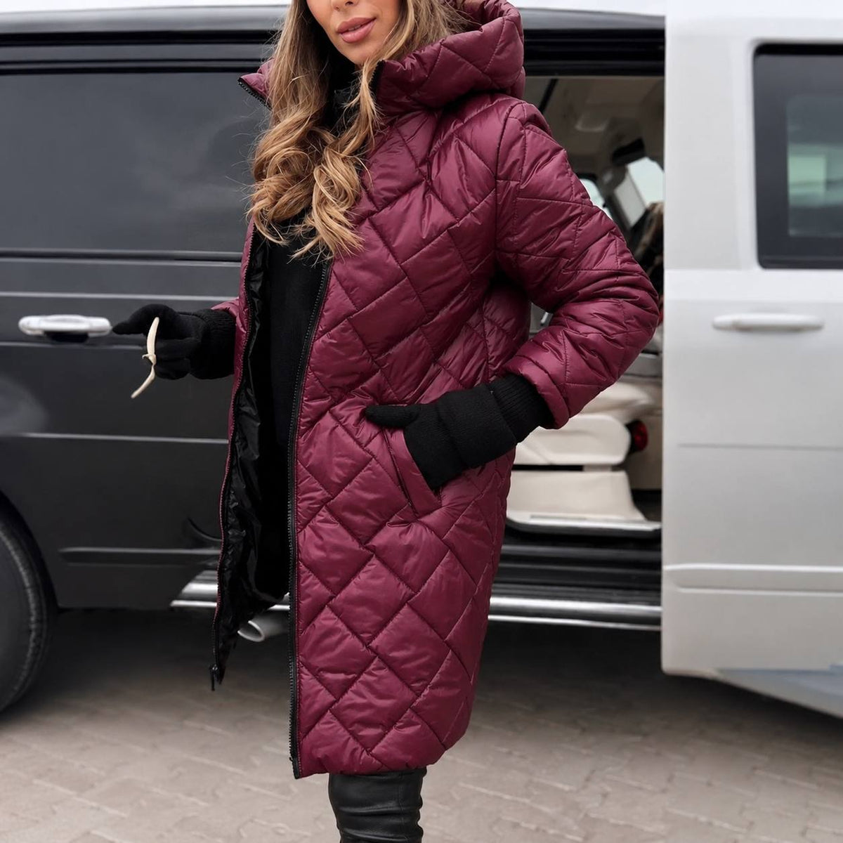 Women's Long Hooded Puffer Coat with Diamond Quilting, Burgundy, view 4