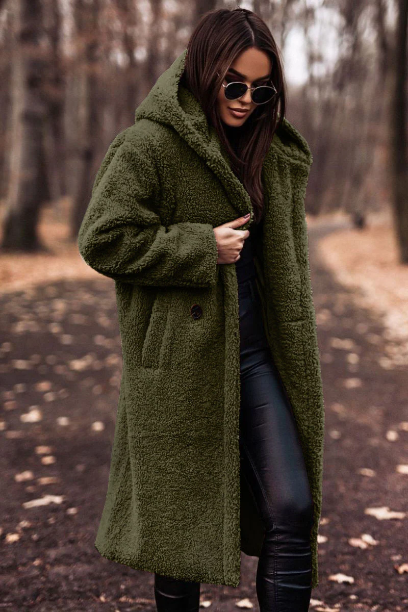 Women's Long Hooded Teddy Coat with Patch Pockets, Green, view 2