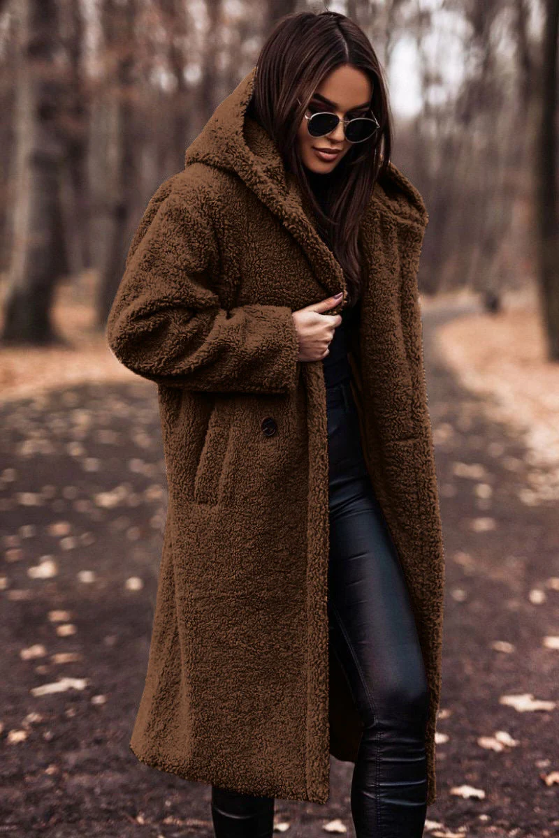 Women's Long Hooded Teddy Coat with Patch Pockets, Brown, view 4