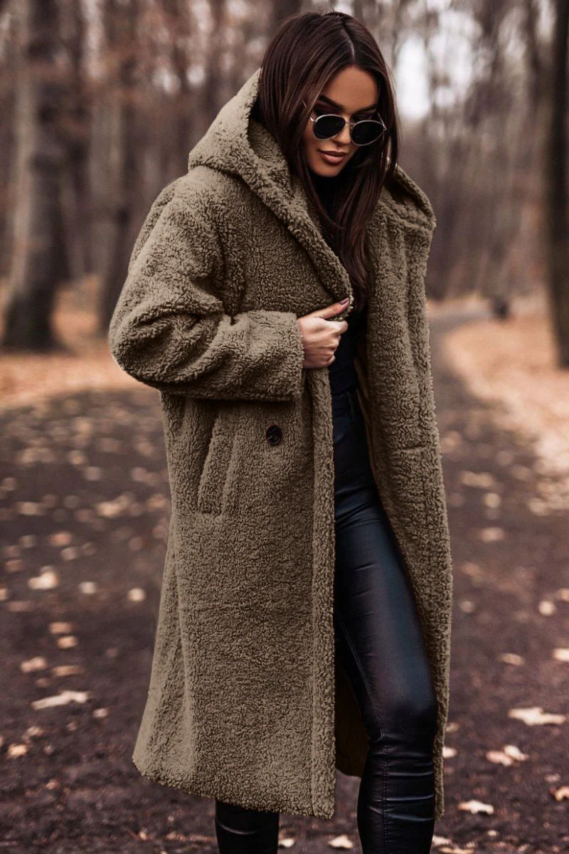 Women's Long Hooded Teddy Coat with Patch Pockets, Khaki, view 6