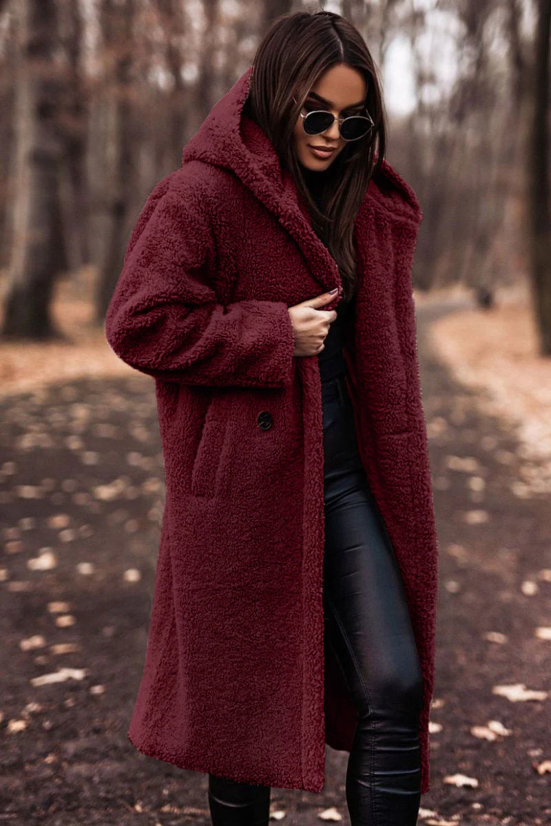 Women's Long Hooded Teddy Coat with Patch Pockets, Red, view 9
