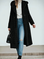 Women's Long Hooded Teddy Coat with Swirl Texture, Black, view 3