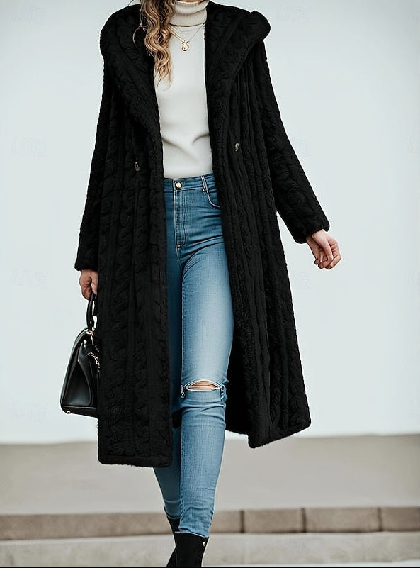 Women's Long Hooded Teddy Coat with Swirl Texture, Black, view 3