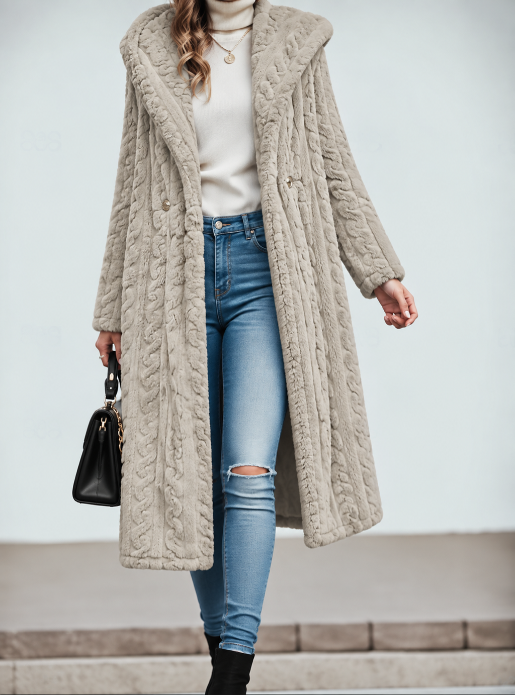 Women's Long Hooded Teddy Coat with Swirl Texture, Apricot, view 4