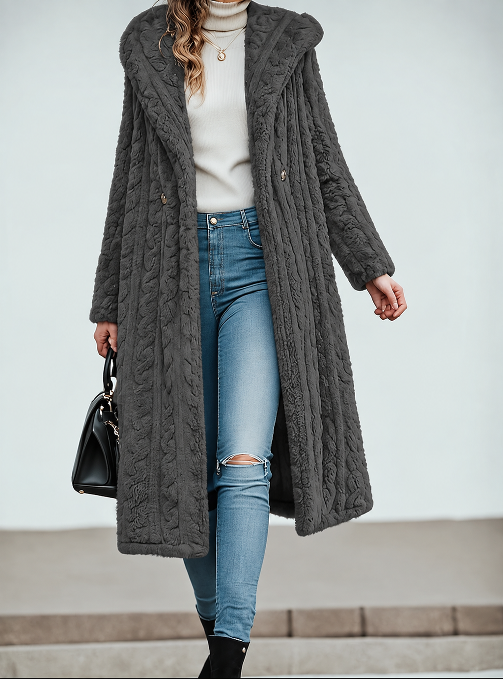 Women's Long Hooded Teddy Coat with Swirl Texture, Grey, view 5
