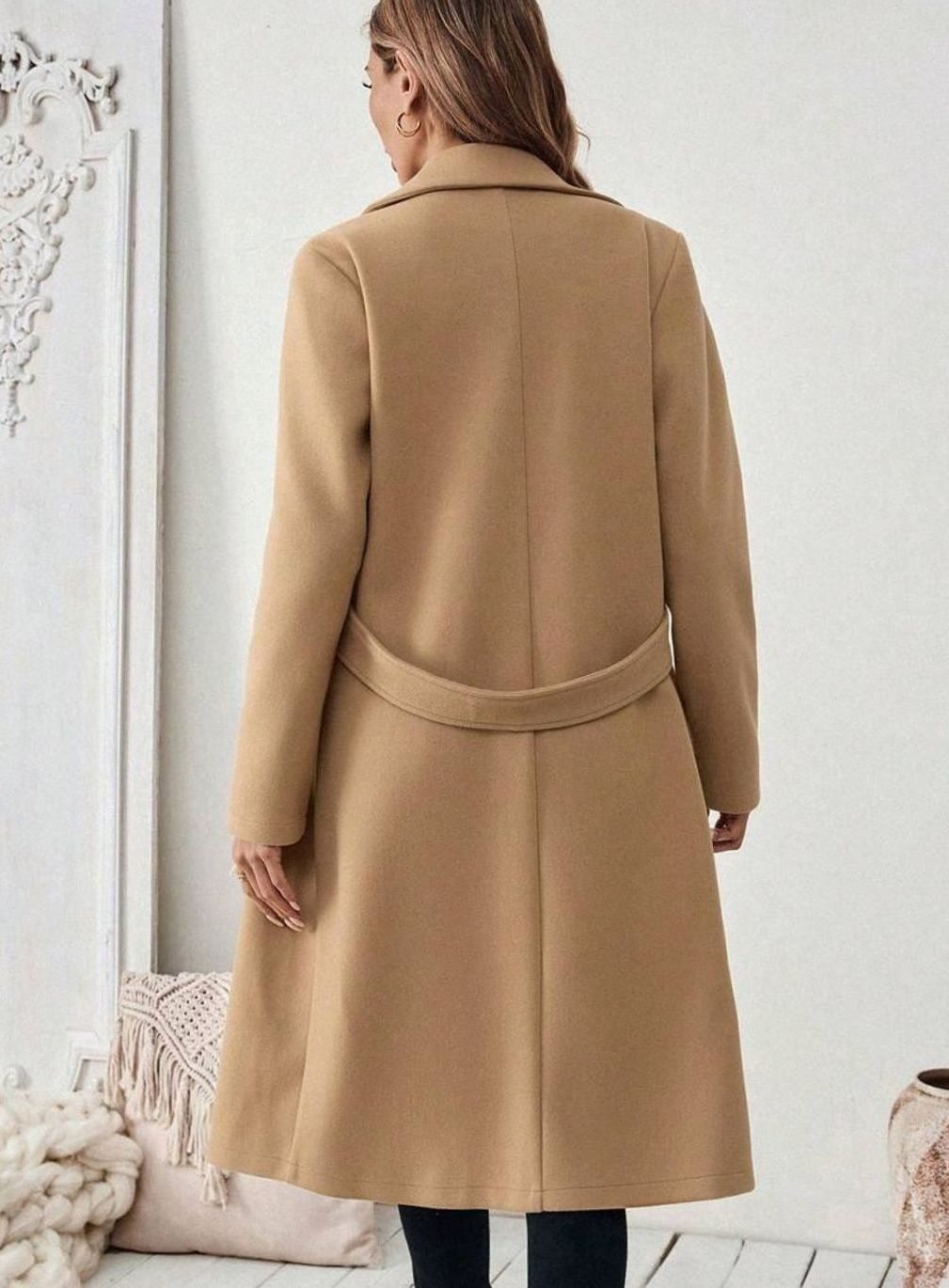 Women's Longline Coat with Buttoned Belt Detail, view 3