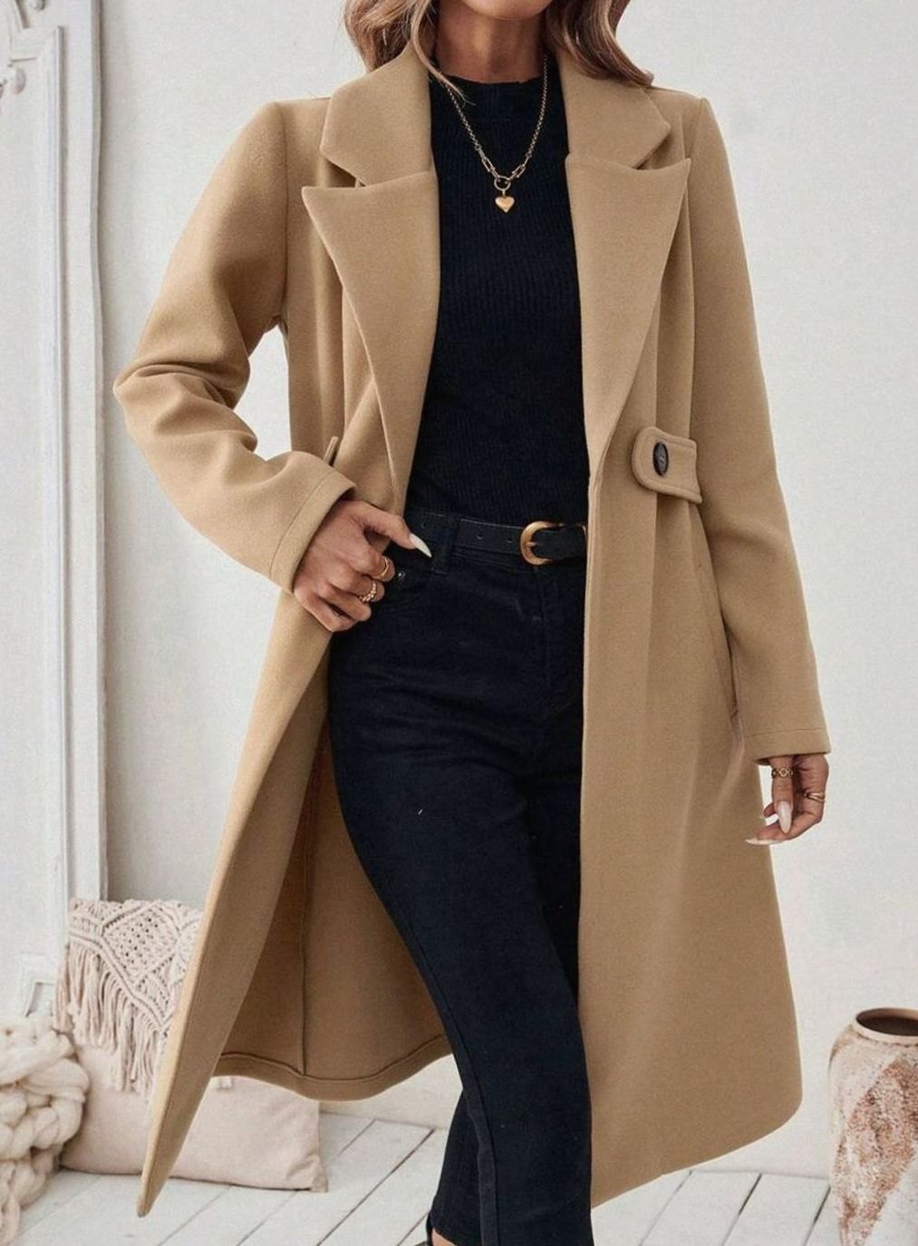 Women's Longline Coat with Buttoned Belt Detail, view 4