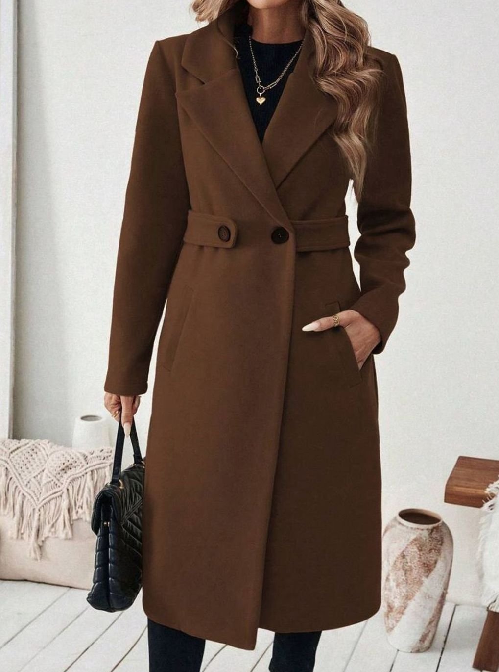 Women's Longline Coat with Buttoned Belt Detail, Brown, view 5