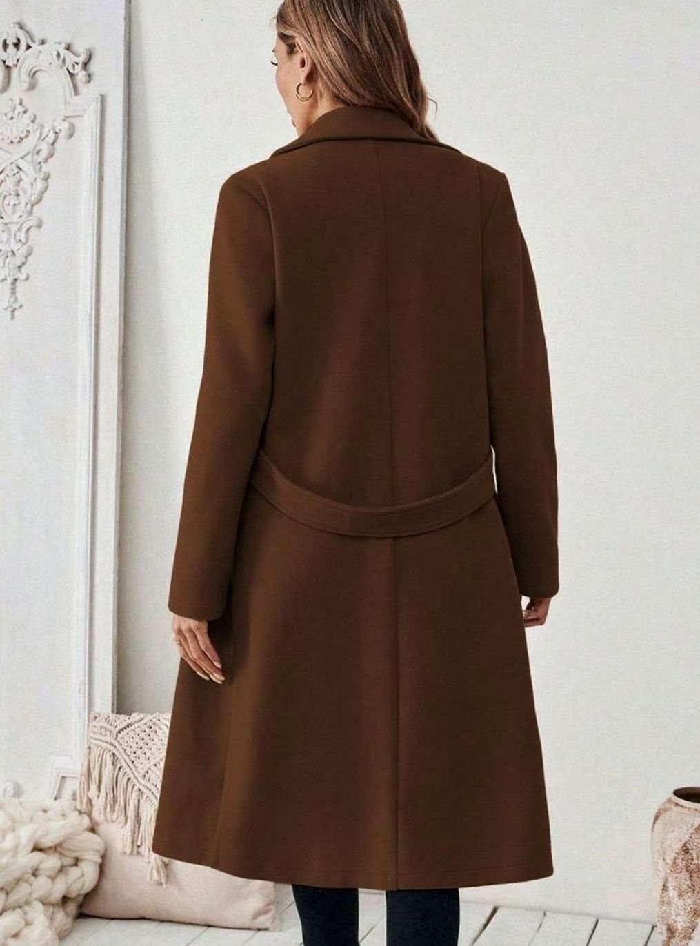 Women's Longline Coat with Buttoned Belt Detail, view 7