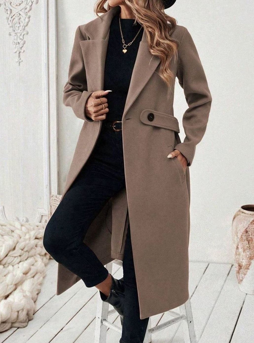 Women's Longline Coat with Buttoned Belt Detail, view 10