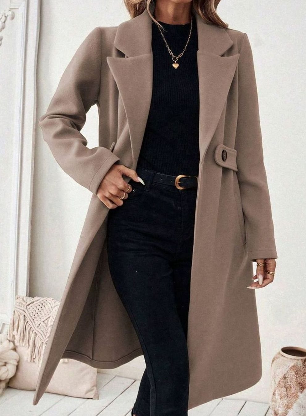 Women's Longline Coat with Buttoned Belt Detail, view 12