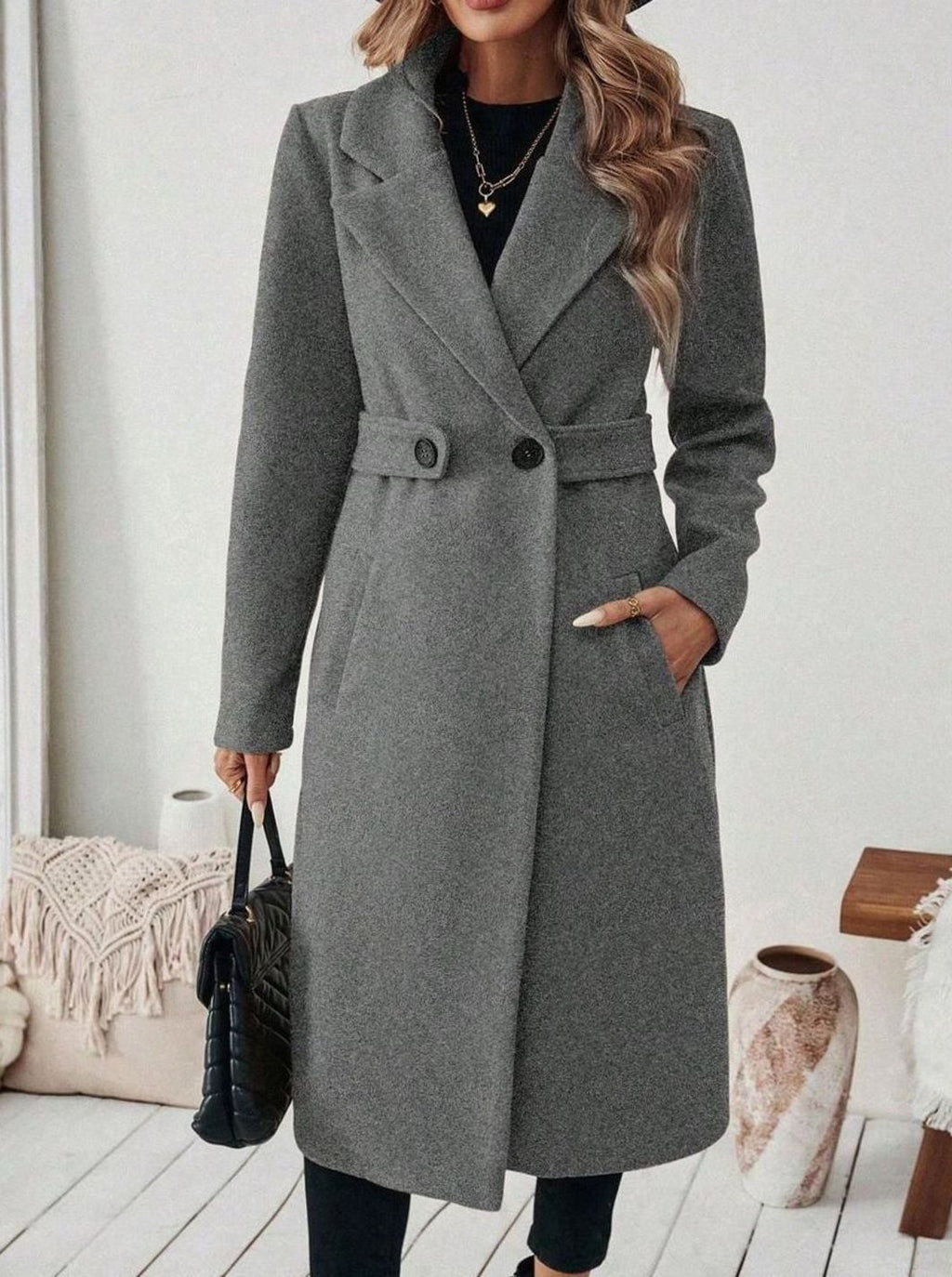 Women's Longline Coat with Buttoned Belt Detail, Grey, view 13