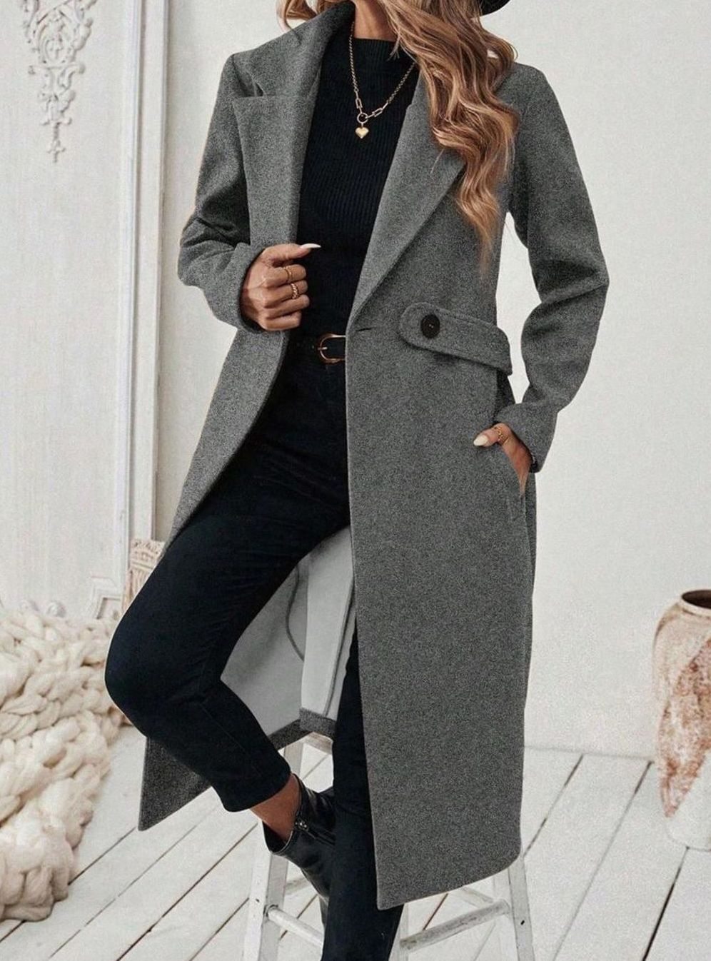 Women's Longline Coat with Buttoned Belt Detail, view 14