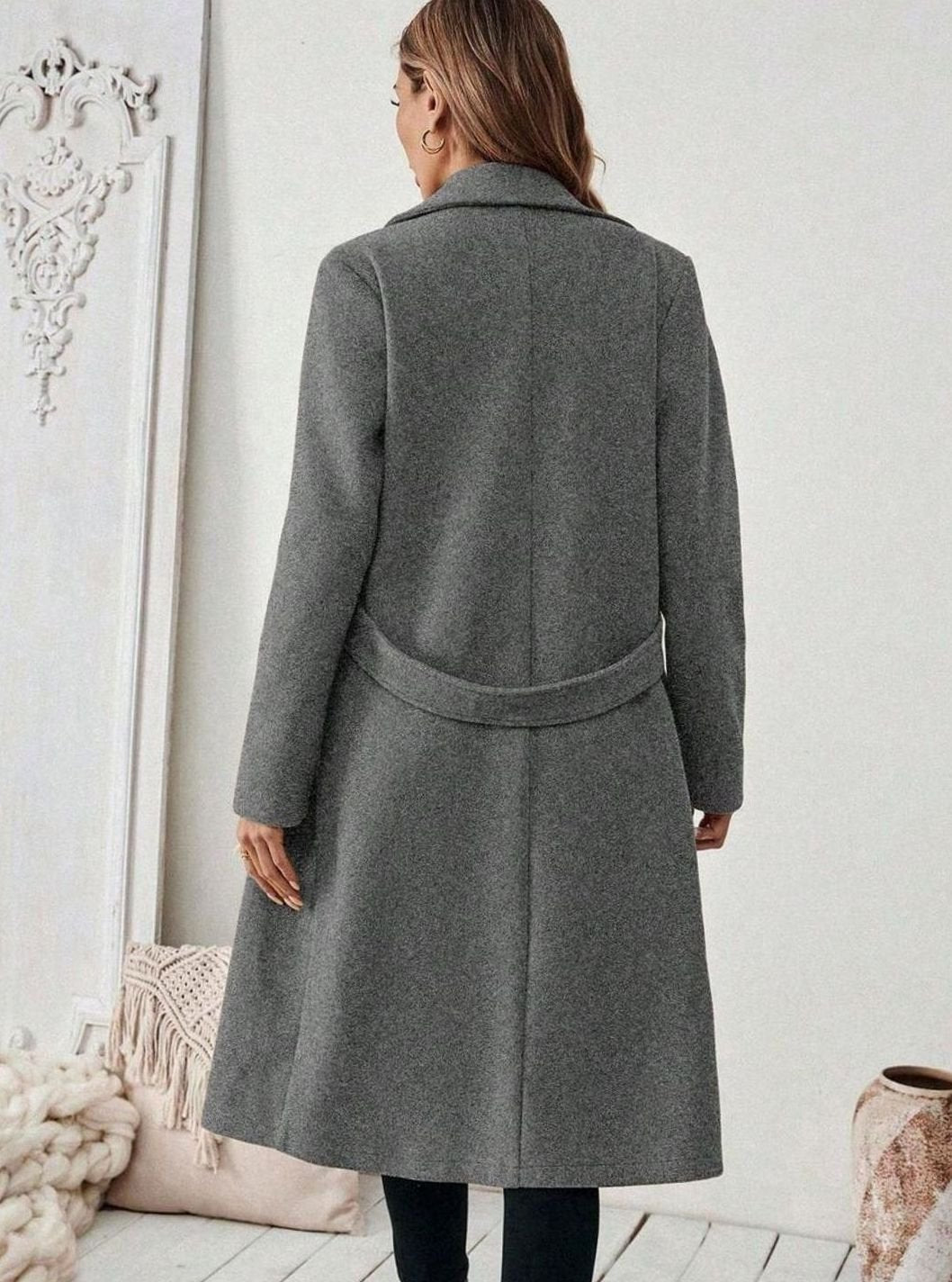 Women's Longline Coat with Buttoned Belt Detail, view 15