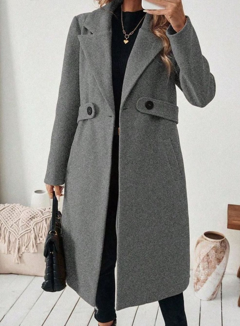 Women's Longline Coat with Buttoned Belt Detail, view 16