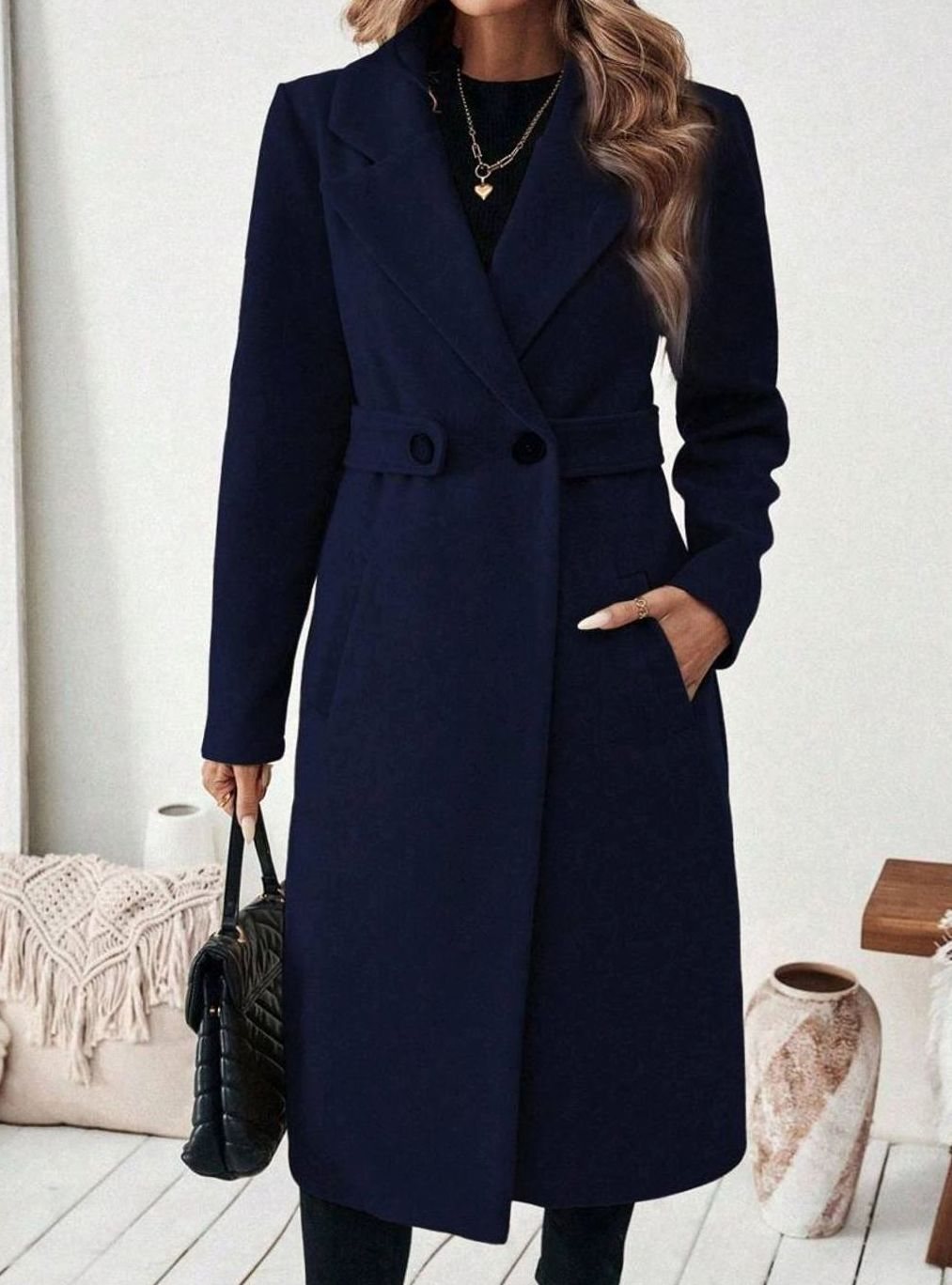 Women's Longline Coat with Buttoned Belt Detail, Dark Blue, view 17