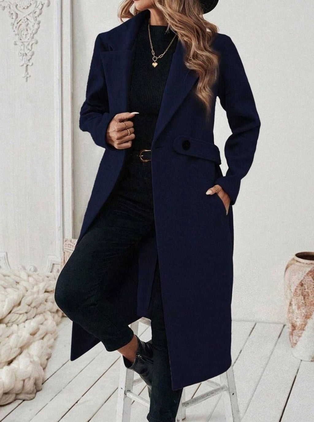 Women's Longline Coat with Buttoned Belt Detail, view 18