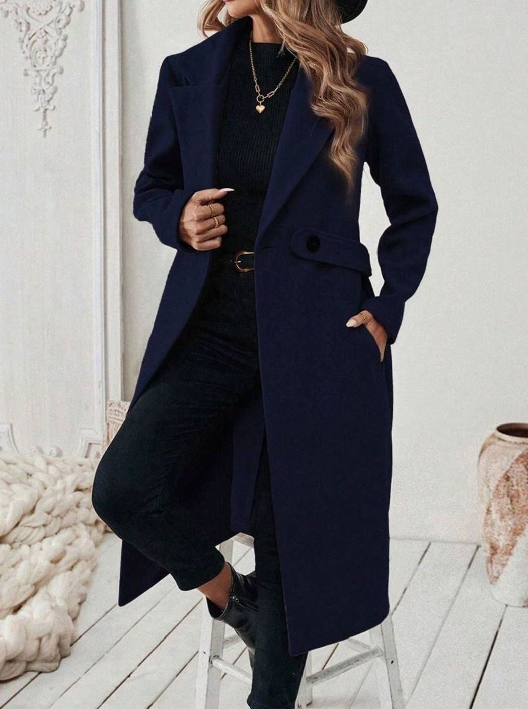 Women's Longline Coat with Buttoned Belt Detail, view 18