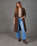 Women's Longline Coat with Gold-Tone Buttons and Side Pockets, Brown, view 1
