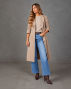 Women's Longline Coat with Gold-Tone Buttons and Side Pockets, Beige, view 4