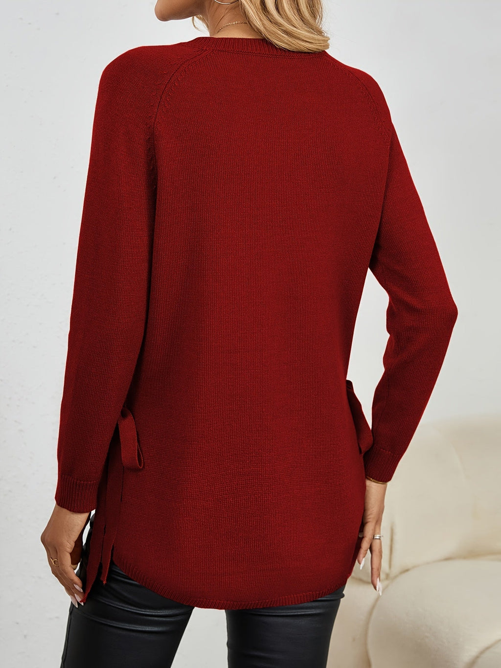 Women's Longline Crew Neck Jumper with Side Bows, view 2