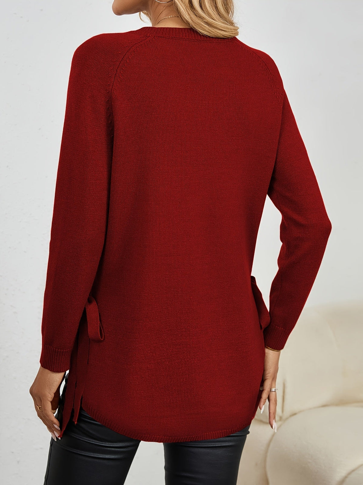 Women's Longline Crew Neck Jumper with Side Bows, view 2
